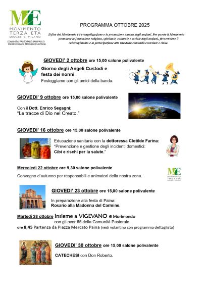 PROGRAMMA DEL MESE DI OTTOBRE DELLA COMUNITA’ PASTORALE SANTA MARGHERITA PAINA