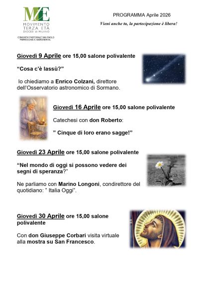 PROGRAMMA APRILE DELLA PARROCCHIA SANTA MARGHERITA PAINA -COMUNITA’ PASTORALE SAN PAOLO